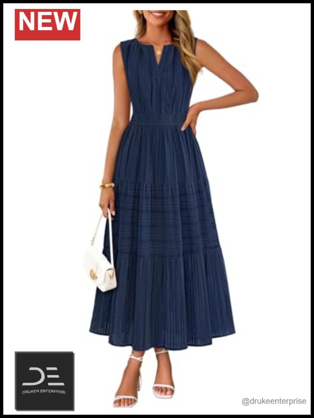 Womens Sleeveless V Neck Tiered Midi Cotton Dress Side Pockets Casual